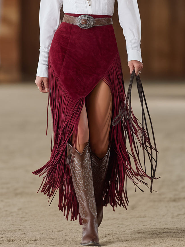 FJØRNA red faux suede slit midi dress showcasing a sleek, casual design with a thigh-high slit and elegant midi length.