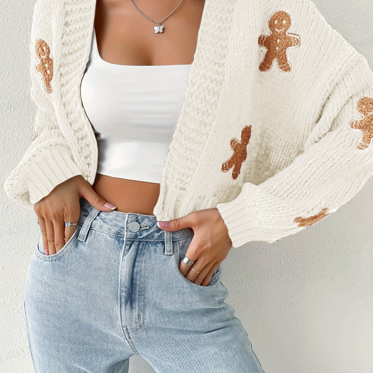 Christmas Cardigan Gingerbread Open Front Long Knit Holiday Sweater Jumper | Aurelia