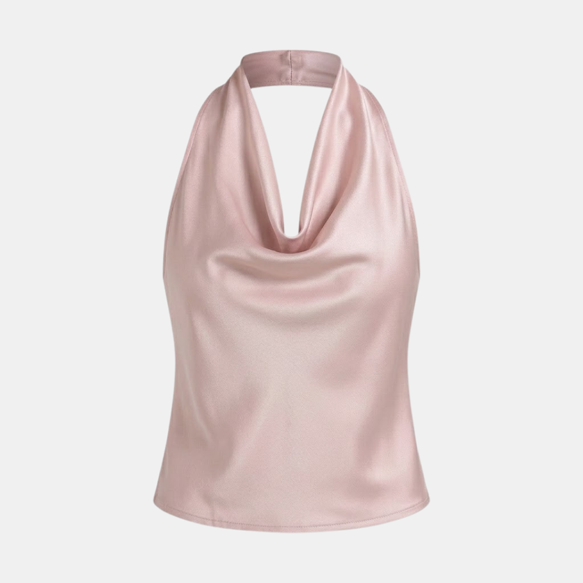 FJØRNA women's satin cowl neck sleeveless top in cream with mock neck design, showcasing smooth, luxurious fabric and elegant style.