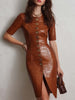 FJØRNA caramel croc-embossed faux leather midi dress with fitted silhouette and stylish shoulder details.