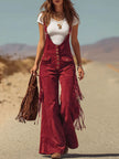 Women’s brown micro suede tassel wide-leg dungarees by FJØRNA, featuring relaxed fit and stylish tassel details.
