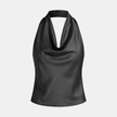 FJØRNA satin cowl neck sleeveless cream top for women with a mock neck and elegant draped design.