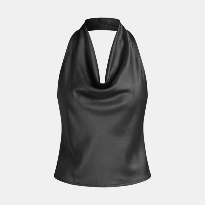 FJØRNA satin cowl neck sleeveless cream top for women with a mock neck and elegant draped design.
