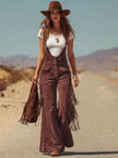 Women’s brown micro suede tassel wide-leg dungarees by FJØRNA, featuring a relaxed fit and decorative tassel details.