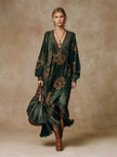Green faux suede tassel maxi dress for women, stylish and flowy with tassel details, by FJØRNA.