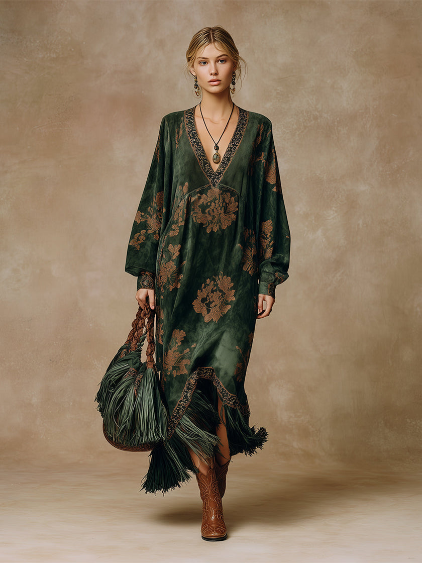 Green faux suede tassel maxi dress for women, stylish and flowy with tassel details, by FJØRNA.