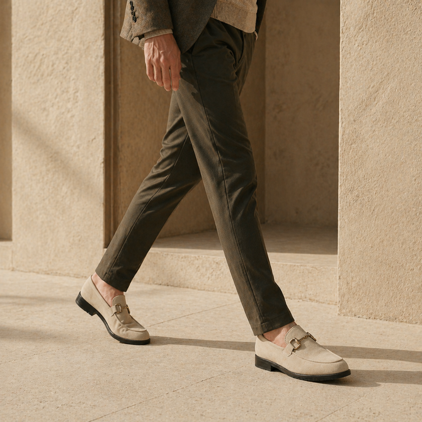 Brown men's suede slip-on loafers by FJØRNA, showcasing a stylish and comfortable shoe with sleek design and classic silhouette.