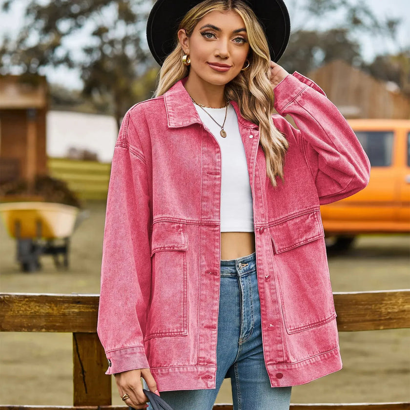 Denim Shirt Jacket Women Oversized Snap Front Patch Pockets