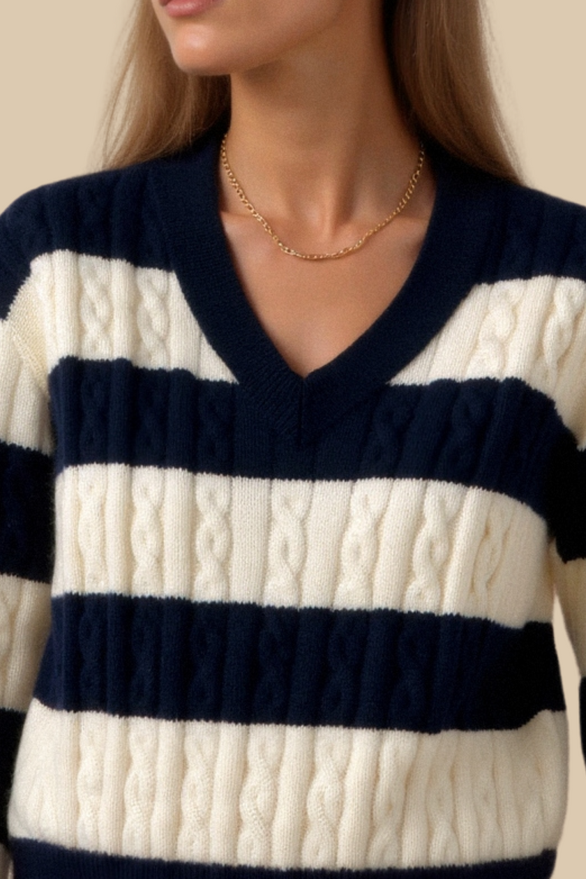 Cable Knit Sweater Women V-Neck Color Block Drop Shoulder Cotton