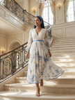 FJØRNA women's floral summer midi dress with V-neck and long sleeves, featuring a flowing design and vibrant print.