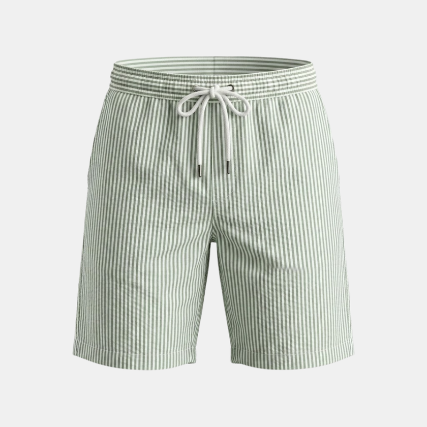 Men's relaxed striped drawstring shorts by FJØRNA featuring a casual summer design and comfortable fit.