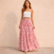 FJØRNA pink paisley shirred high-waist boho maxi skirt for women, flowing white maxi skirt with bohemian style details.