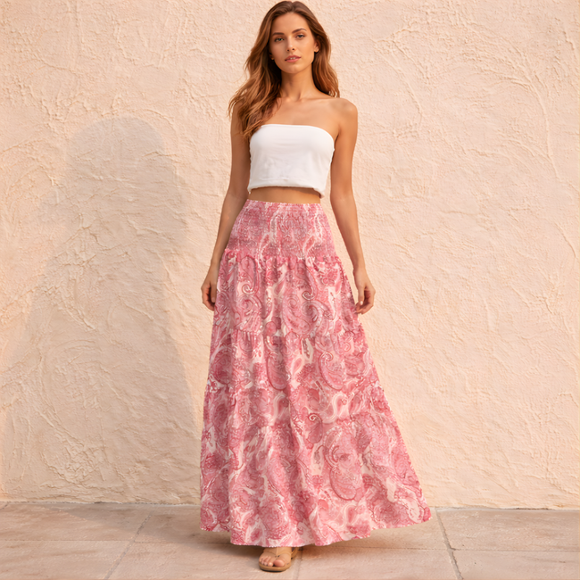 FJØRNA pink paisley shirred high-waist boho maxi skirt for women, flowing white maxi skirt with bohemian style details.