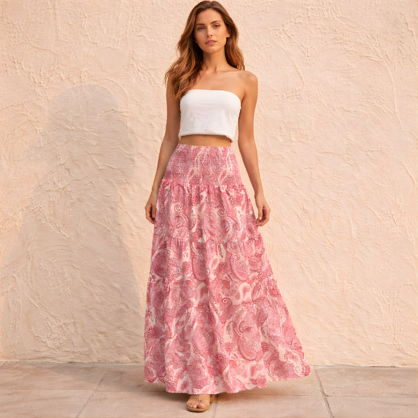 FJØRNA pink paisley shirred high-waist boho maxi skirt for women, flowing white maxi skirt with bohemian style details.