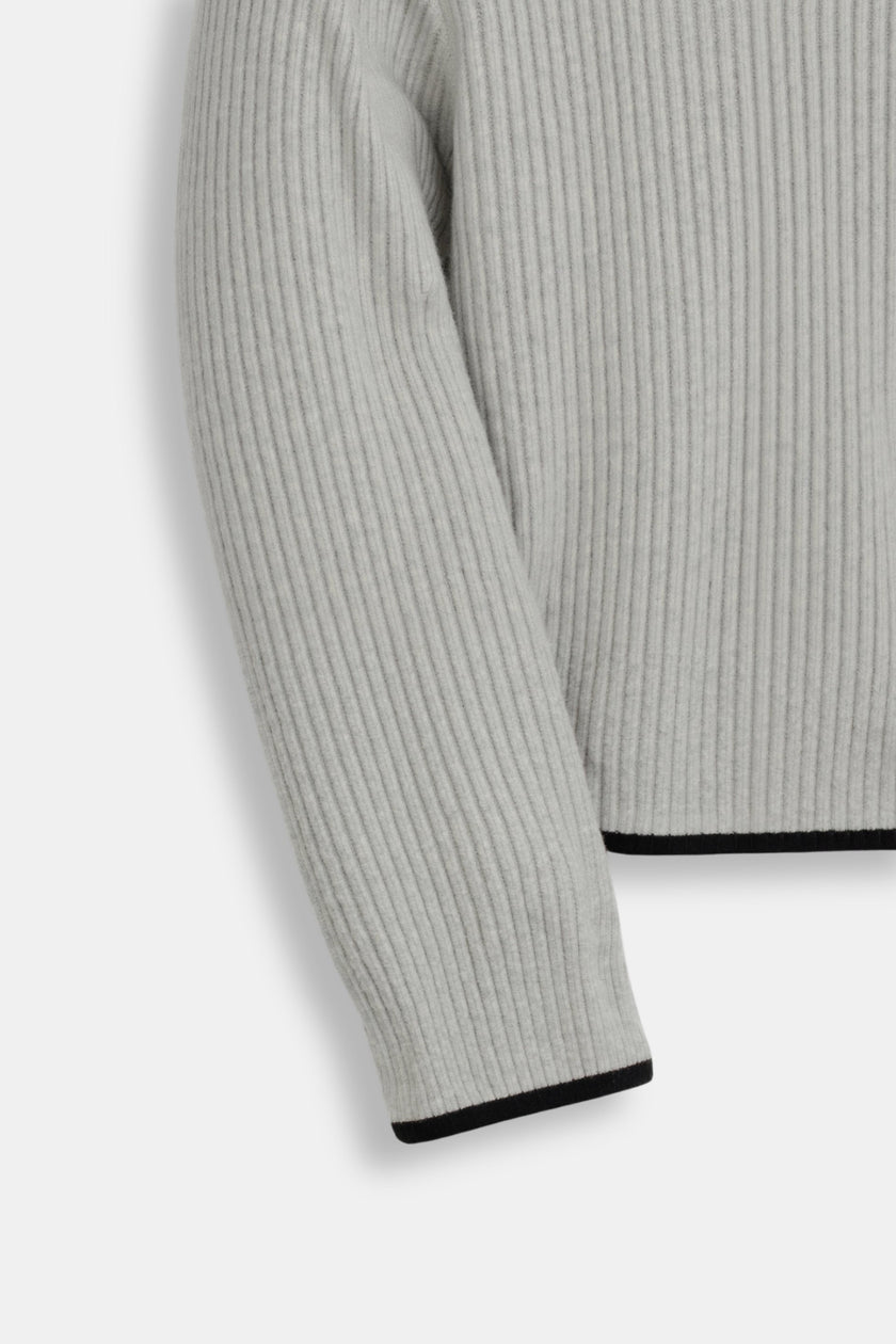 Contrast Trim Sweater Women Lapel Collar Cotton Blend Grey