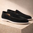 Men's navy suede slip-on loafers by FJØRNA, smart casual shoes with a sleek, comfortable design for everyday wear.