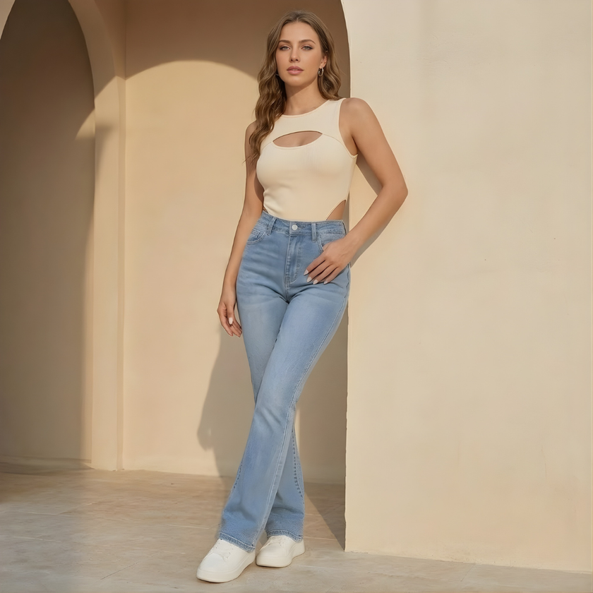 Women's high waist slim fit bootcut jeans by FJØRNA in cotton denim, showing the front view with pockets and belt loops.