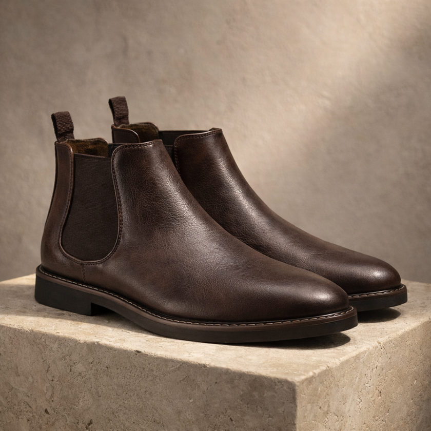 FJØRNA retro leather Chelsea boots for men, featuring classic slip-on design and stylish dark brown leather finish.