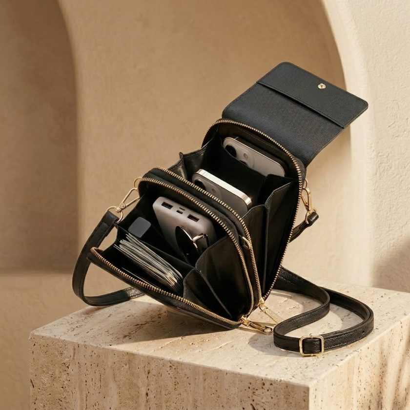 FJØRNA touchscreen crossbody bag for women with a compact design, featuring a clear phone window and adjustable strap.