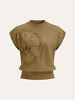 Knit Top Women Cap Sleeve Floral Appliqué Crew Neck