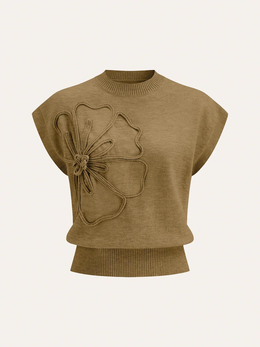 Knit Top Women Cap Sleeve Floral Appliqué Crew Neck
