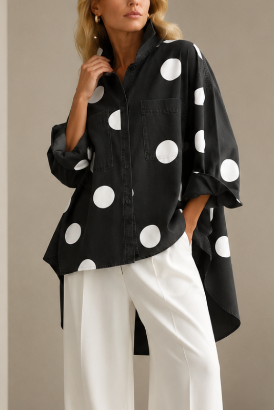 Polka Dot Blouse Women Oversized Short Sleeve Button Front