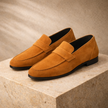 FJØRNA men's leather penny loafers, stylish men's shoes in smooth brown leather with classic slip-on design.
