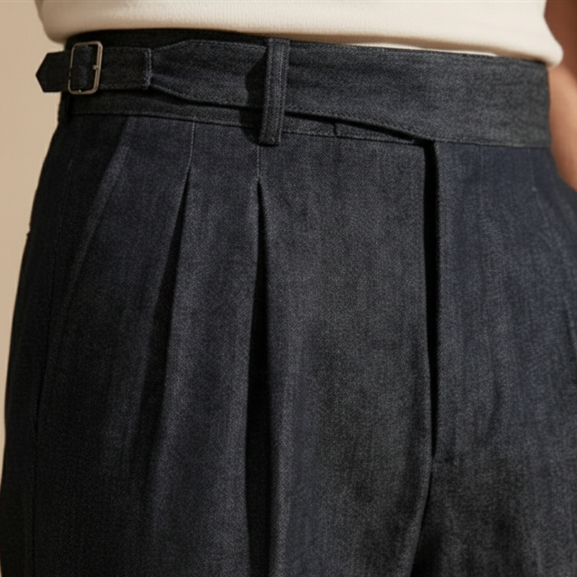 FJØRNA men's blue straight-leg cotton trousers with slim fit design, showcasing a clean, tailored look and classic chino style.