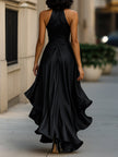 FJØRNA navy satin halter gown with ruffle details, elegant black tie dress for formal events.