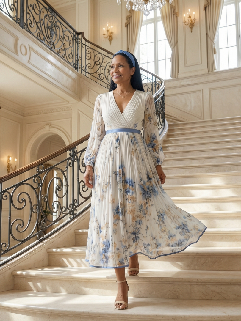 FJØRNA summer midi dress for women with floral pattern and long sleeves, lightweight and stylish for warm weather.