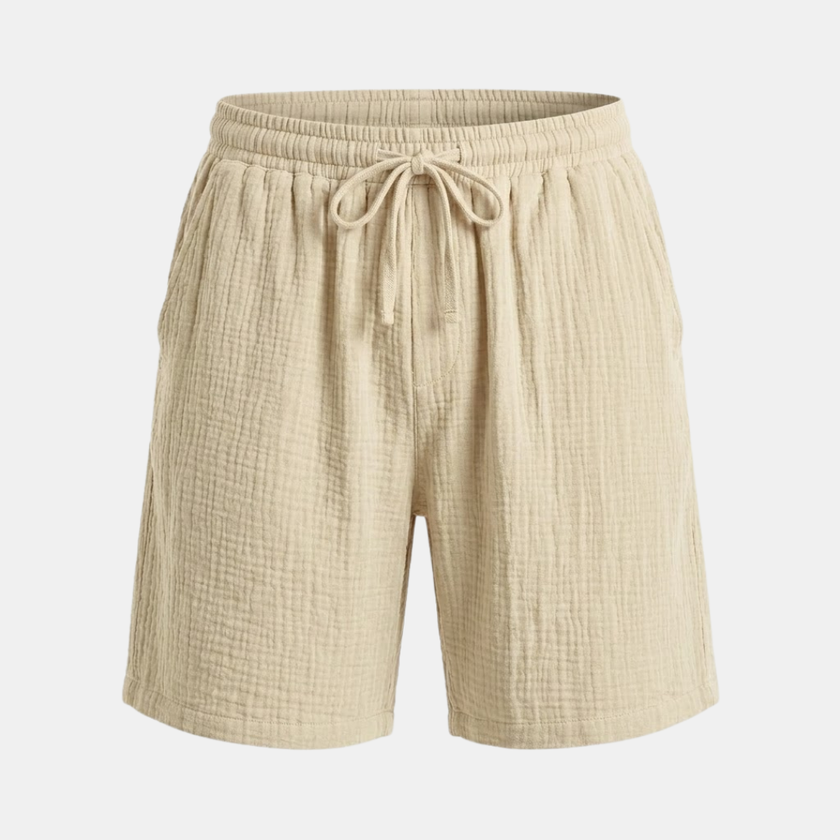 FJØRNA men's textured drawstring relaxed-fit casual summer shorts, showing the lightweight fabric and adjustable waistband.