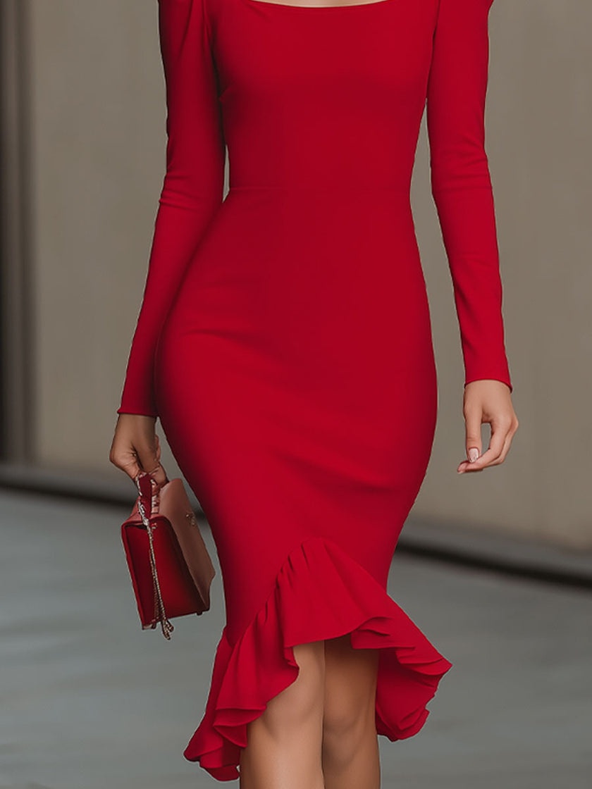 Red FJØRNA square-neck puff-sleeve bodycon midi dress for women, featuring a sleek silhouette and elegant design.