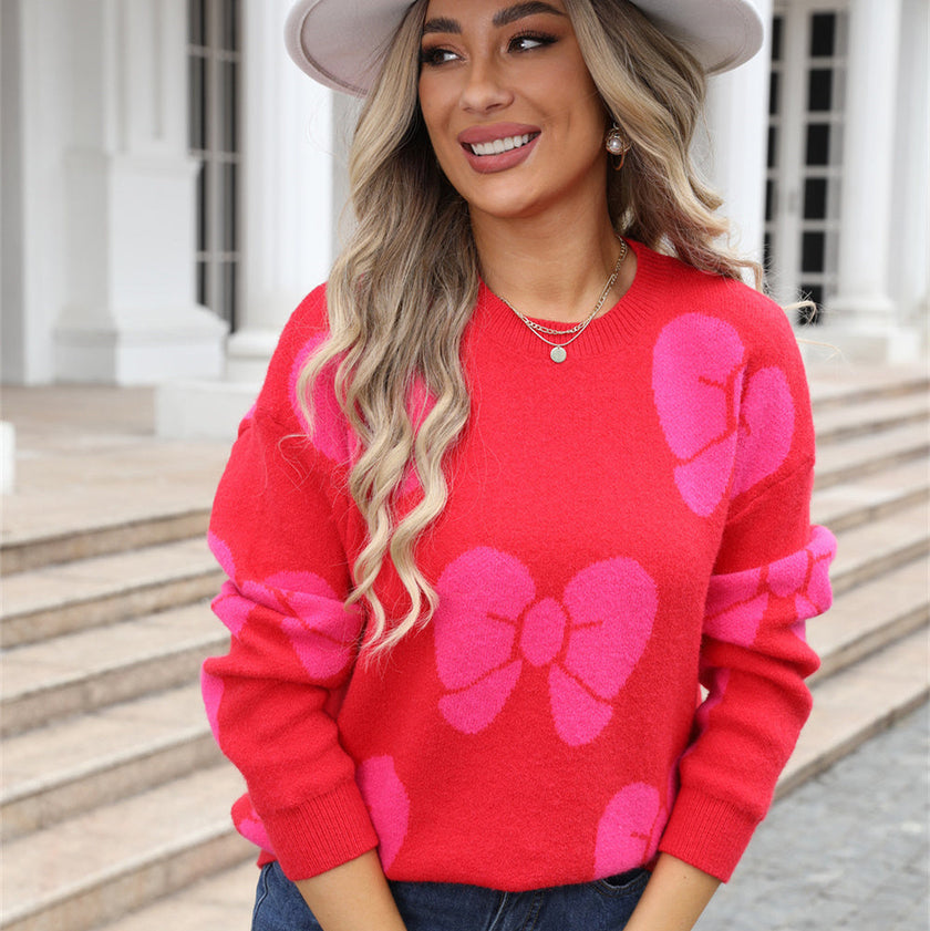 Bow Print Knit Sweater Women Crew Neck Relaxed Fit