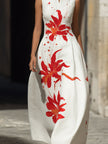 FJØRNA modern mandarin collar floral maxi dress with red lily print, featuring a stylish design and elegant silhouette.