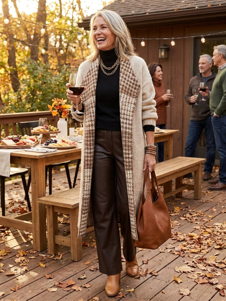 Houndstooth Knit Cardigan with Lapel Collar and Tailored Fit for Women