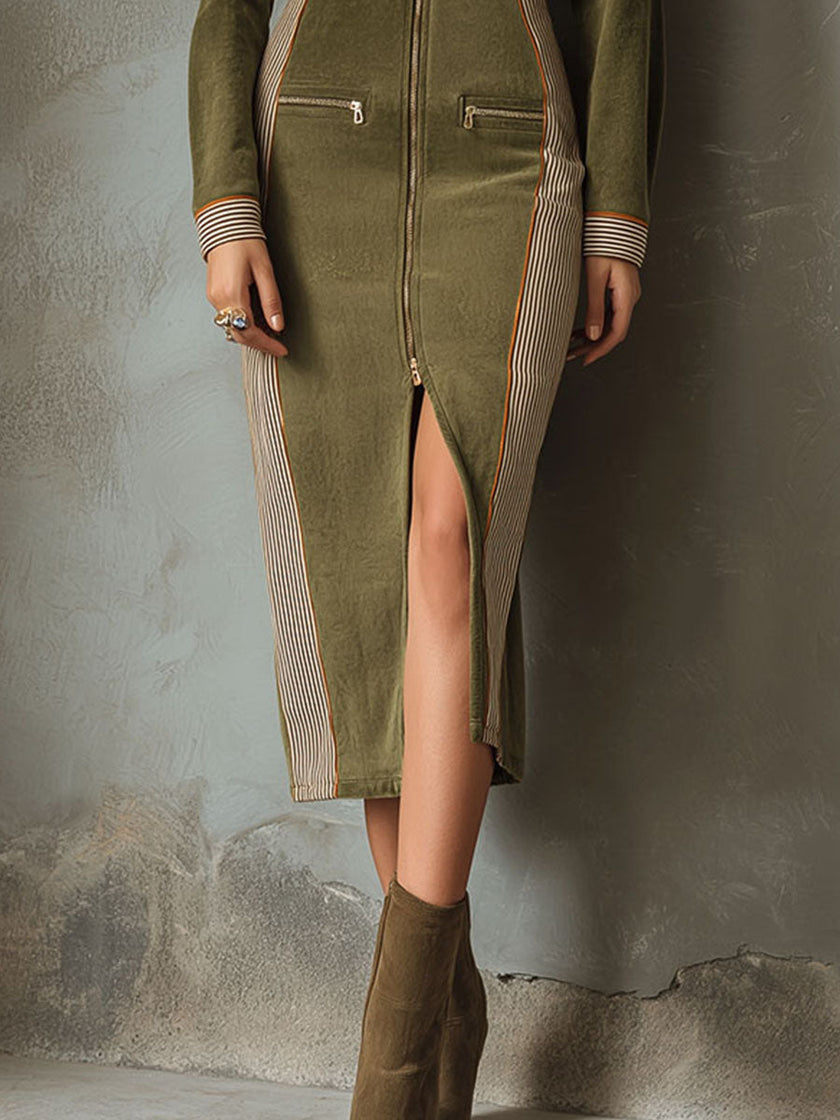 Olive green FJØRNA sleeveless midi dress with zip-up front and contrast panel design, perfect for stylish casual wear