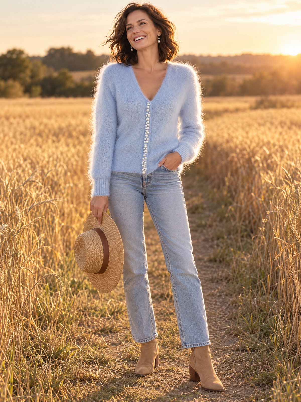 Fuzzy Knit V-Neck Cardigan with Pearl Embellishment for Women