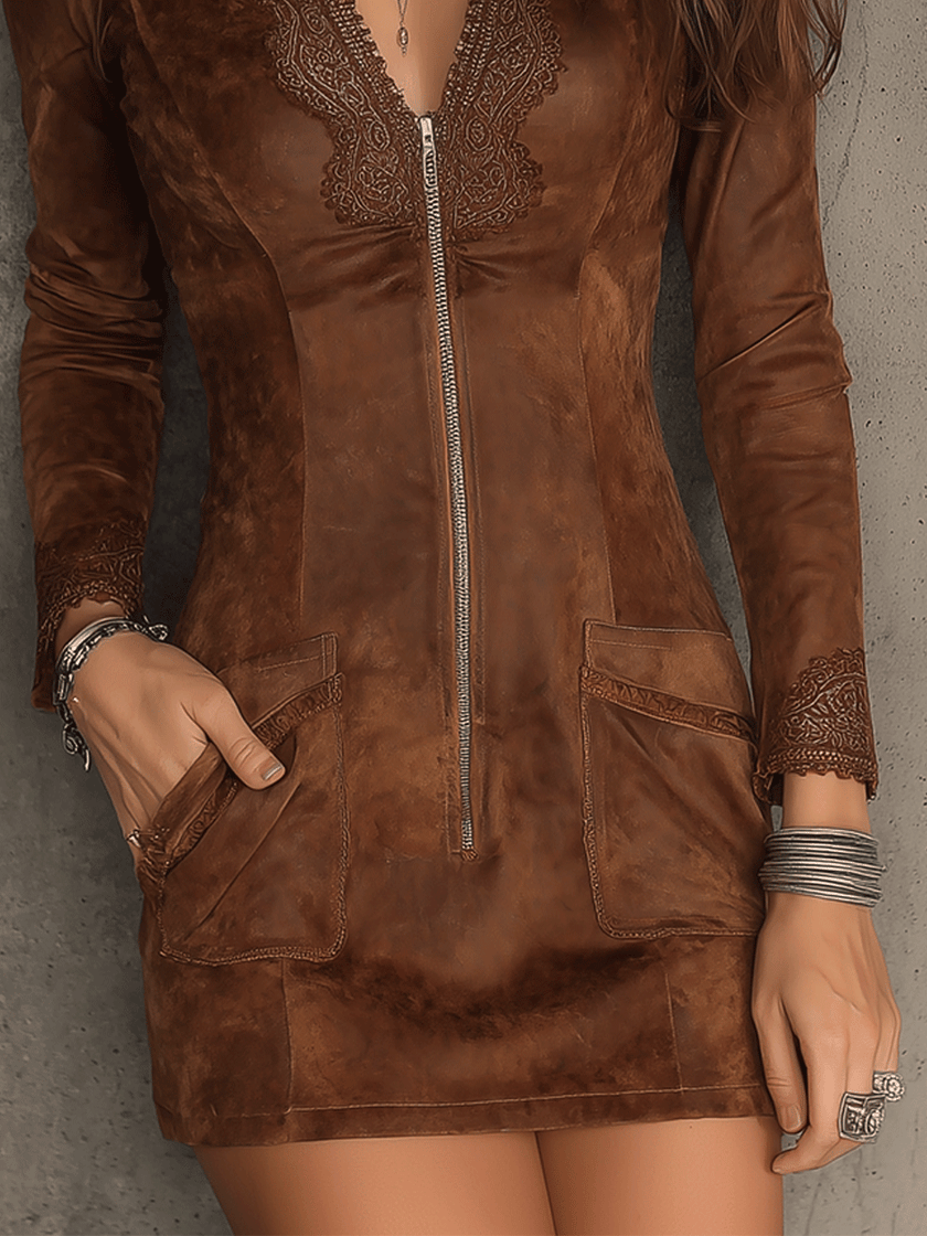Vintage caramel brown suede mini dress with lace trim and zip front, women's FJØRNA dress featuring a stylish, fitted design.