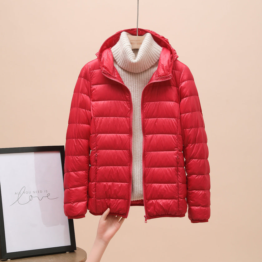 Quilted Jacket Women Hooded Zip Front Slim Cropped