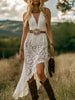 White lace maxi dress by FJØRNA, casual style with intricate lace details, flowing silhouette, perfect for summer or special occasions.
