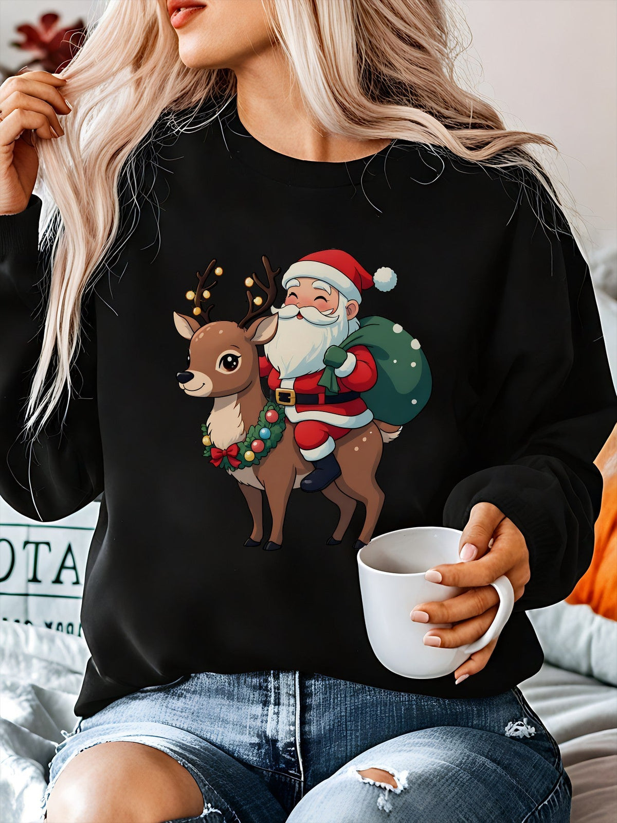 Ugly Christmas Sweater Reindeer Santa Fleece Crew Neck Tacky Holiday Jumper | Cosima