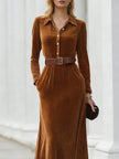 FJØRNA black velvet maxi dress with chestnut shirt-collar design, elegant long dress for women, stylish evening wear.