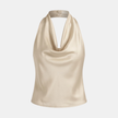 Cream satin sleeveless cowl neck top for women by FJØRNA, featuring a stylish mock neck and elegant drape.