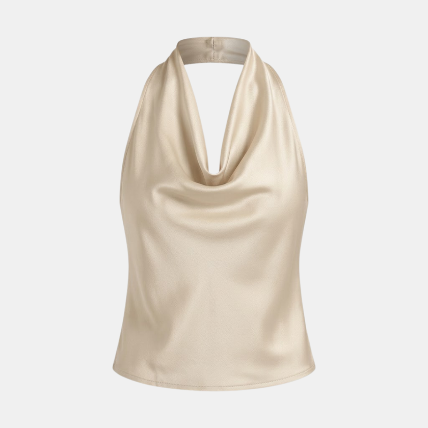 Cream satin sleeveless cowl neck top for women by FJØRNA, featuring a stylish mock neck and elegant drape.