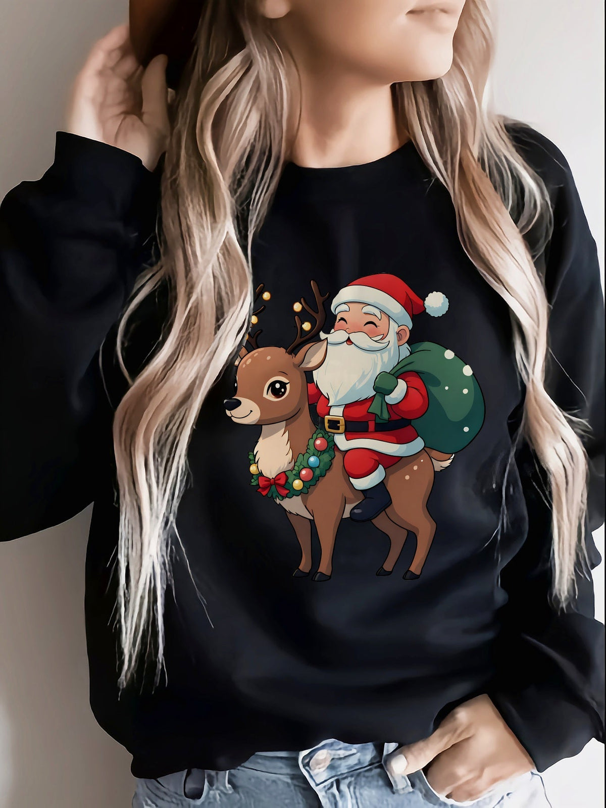 Ugly Christmas Sweater Reindeer Santa Fleece Crew Neck Tacky Holiday Jumper | Cosima