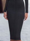 FJØRNA charcoal ribbed knit keyhole midi dress, summer business dress with fitted silhouette and stylish keyhole neckline.