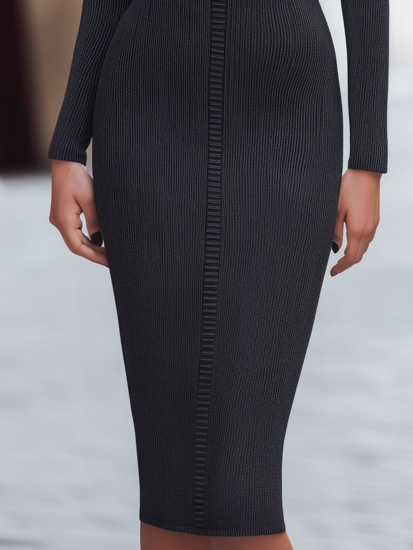 FJØRNA charcoal ribbed knit keyhole midi dress, summer business dress with fitted silhouette and stylish keyhole neckline.