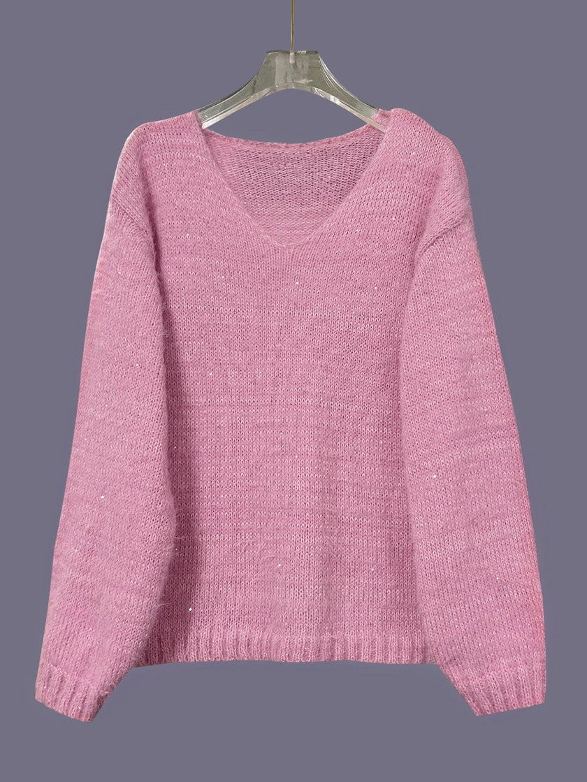 V-Neck Knit Sweater Women Relaxed Fit Long Sleeve