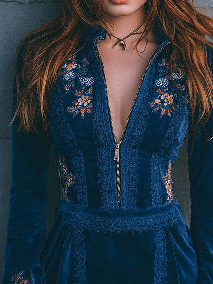 Blue velvet embroidered mini dress by FJØRNA, casual style with intricate embroidery, sleeveless with a fitted silhouette.
