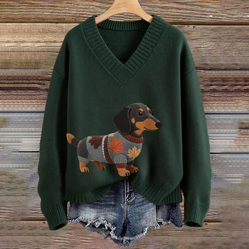 Graphic Knit Sweater Women Crew Neck Dog Print Long Sleeve